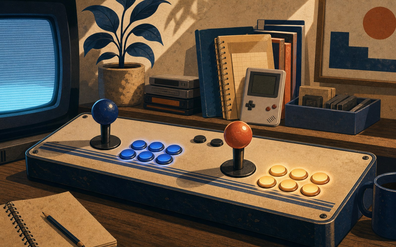 Interpretive still life of an arcade control panel, two joysticks and illuminated buttons in ocean blue and sandstone light