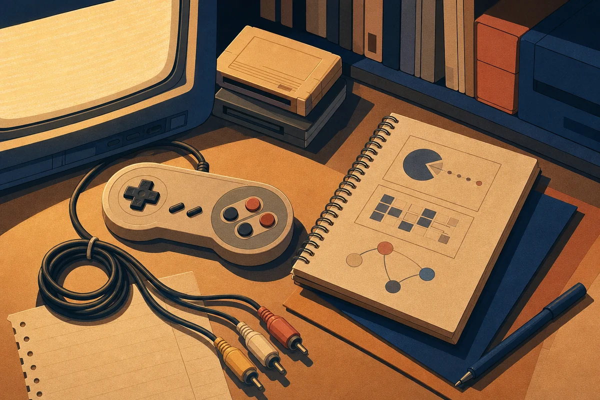 Editorial still life of a retro game controller, notes and a warm display space