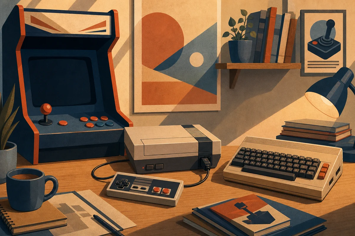 Editorial illustration of a retro games display and controller