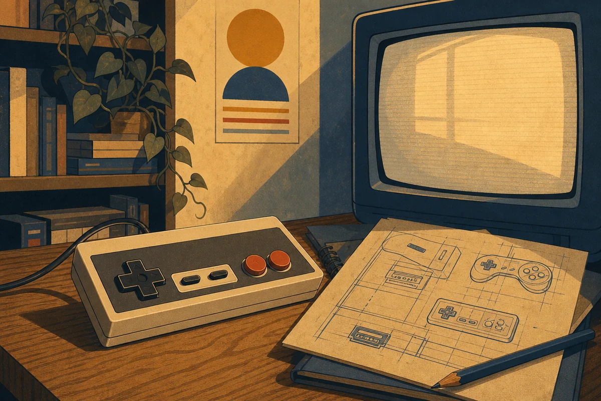 Editorial illustration of a game room and open notebook