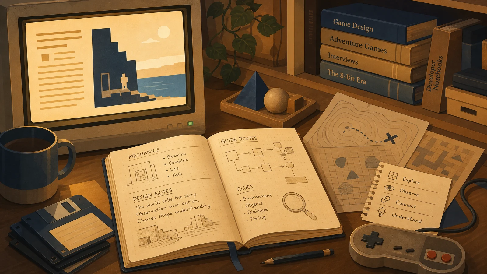 Interpretive still life of an open notebook, a softly lit monitor and layered paper forms suggesting environmental clues in a home-computer adventure game