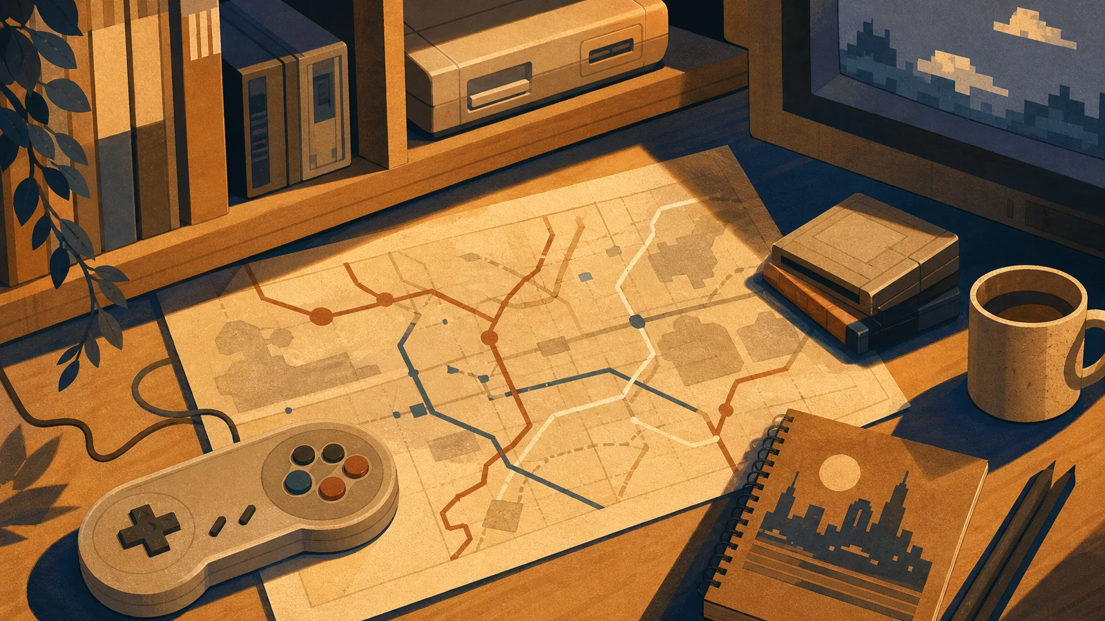 Interpretive still life of a paper world map, cartridge-shaped forms and a classic controller arranged in warm light, representing Super Mario Bros. 3's structure and variety without using game artwork